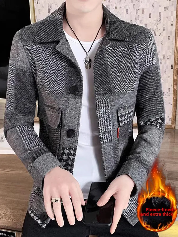 

Men's Woolen Jaet Faionable Autumn Winter Flannel Coat with Collar Patchwork Workwear with Plaid Design And Fce