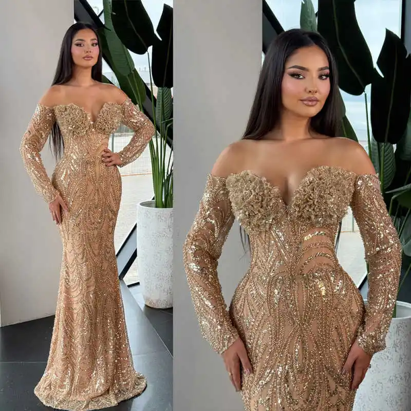

Glittery Sequins Mermaid Prom Gowns Long Sleeve Floor Length Evening Dresses Beadeds Special Occasion Custom Made