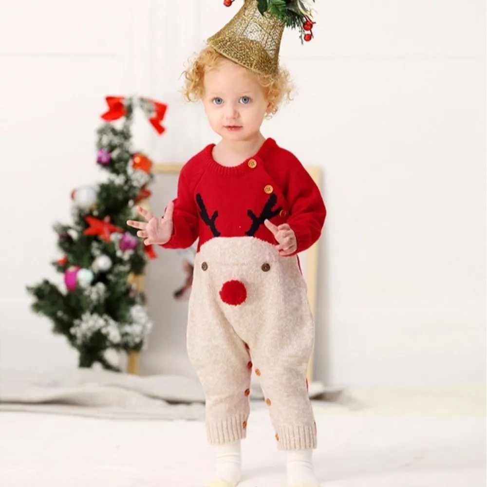 High Quality Christmas Deer Knitted Jumpsuit Long Sleeve Keep Warm Baby Romper Baby Costumes Clothes Christmas