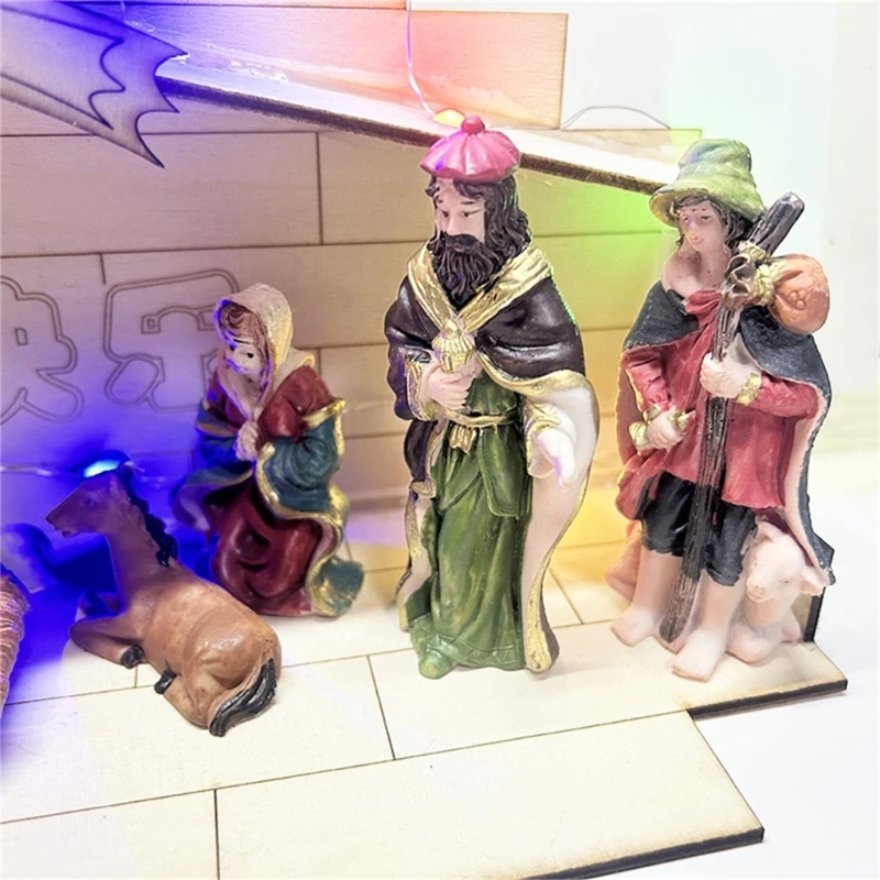 Nativity Scene Sculpture Decorations LED Lighted Tabletop Statue for Home and Office Versatile Resin Manger Ornament B03E