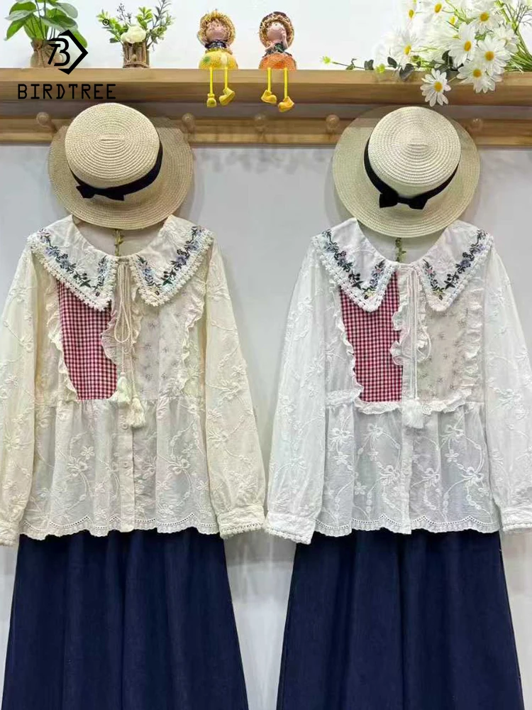 

New 2025 Autumn Cotton Long Sleeve Shirt, Women Peter Pan Collar Plaid Embroidery, Mori Girl French Loose Doll Blouse T5O521CC