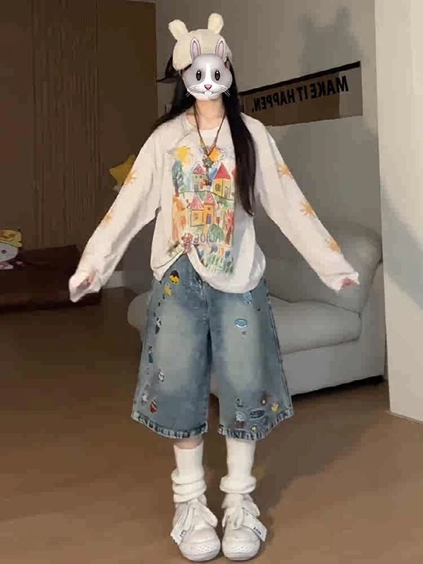 American Hot Girl Cartoon Embroidery Wide Leg Jeans Shorts Women Summer Loose Slimming Lazy Straight Cut Denim mid Length Shorts