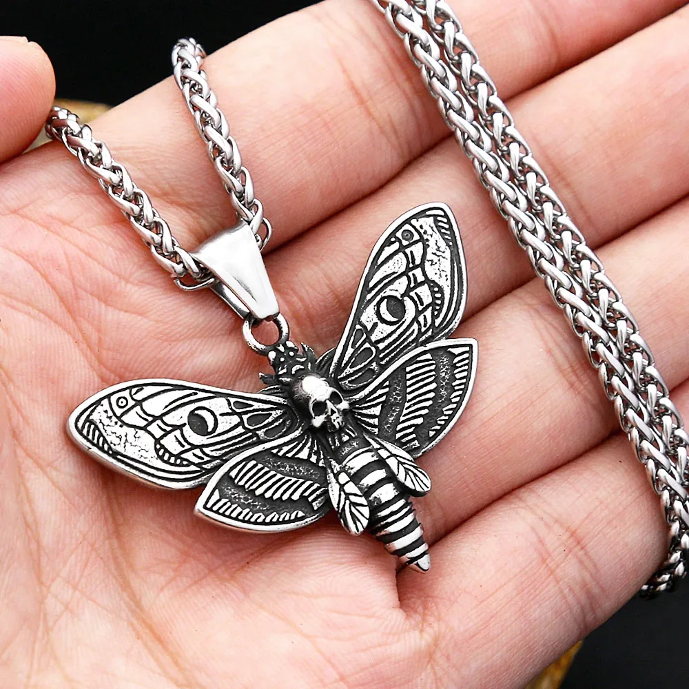 Retro Gothic Insect Skull Butterfly Amulet Pendant Necklace Stainless Steel Punk Animal Amulet For Men Women Jewelry Party Gifts