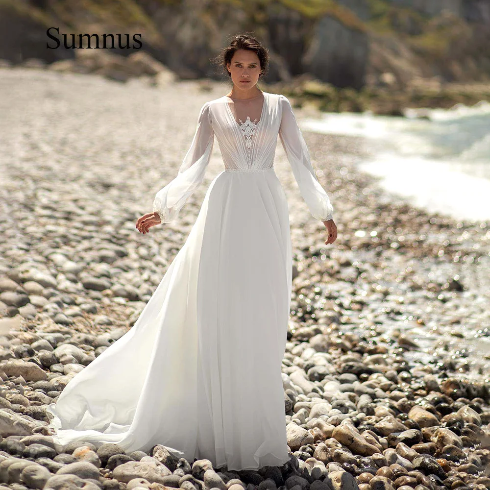 

Sumnus White Chiffon Beach Wedding Dresses Puff Long Sleeve Appliques Sheer Neck Simple Bride Dress 2024 Long Wedding Gowns