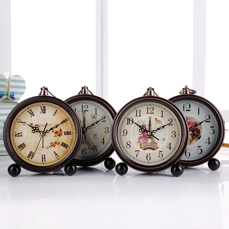 European Retro Metal Quartz Alarm Clock Creative Architecture Pastoral Style Decorative Table Clock Room Ornaments Wake-up Watch