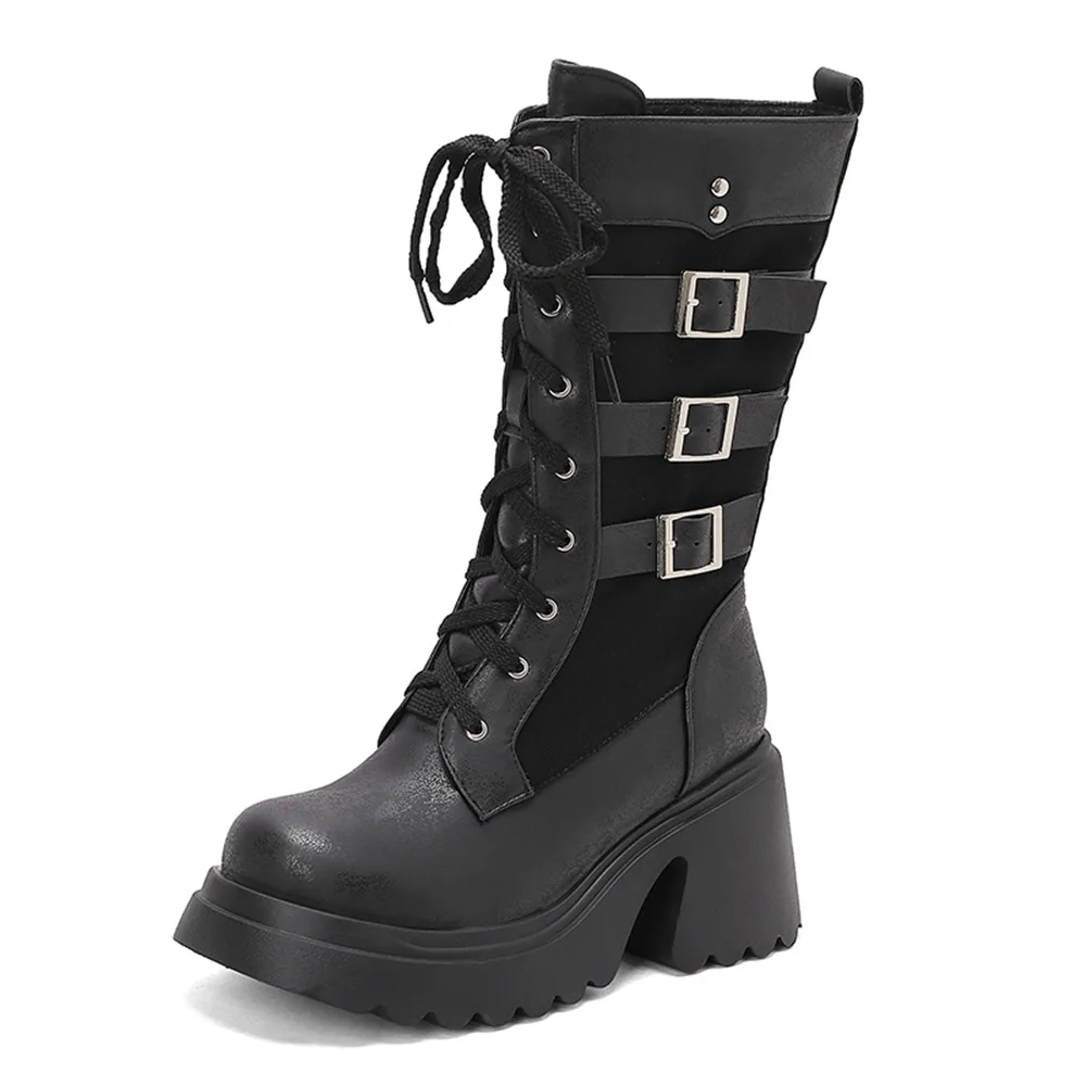 Women Mid Calf Combat Boots Buckle Strap Lace Up Platform Block Heel Winter Fleece Lined Boots Size 35-43 820-3