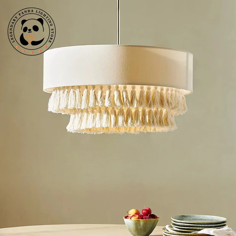 Bohemian Fabric Pendant Lamp Japanese Retro Wabi Sabi Light White Fringe Lampshade for Living Room Bedroom Restaurant Lighting