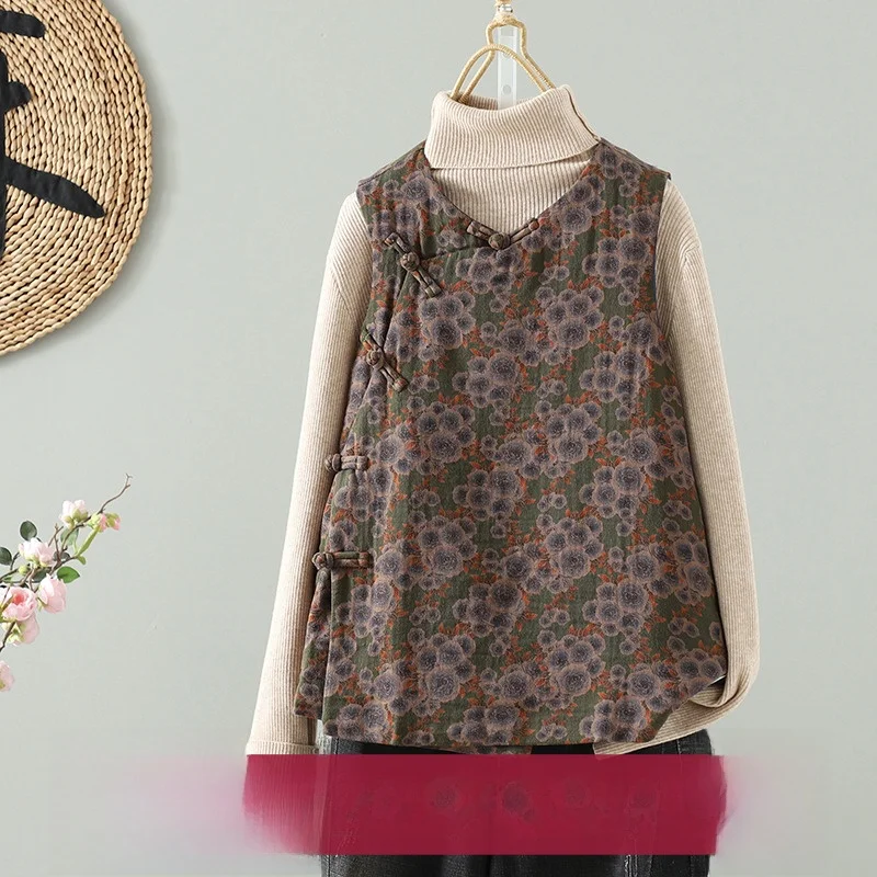 

Ретро китайский хлопковый льняной жилет, теплый дизайн с пуговицами спереди, модная женская куртка, верхняя одежда, топ