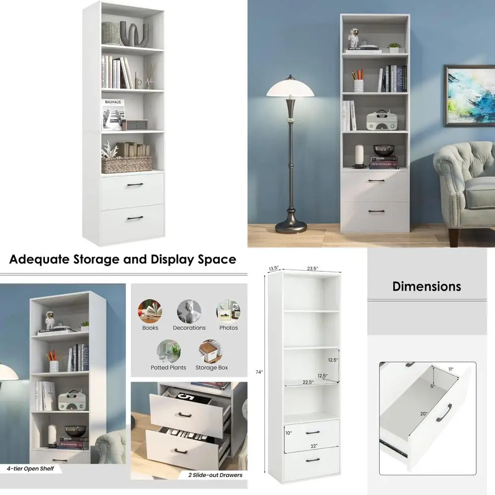 رف كتب بطول 74 بوصة مكون من 4 طبقات مع درجين، رفوف مفتوحة، ميزة مضادة للانزلاق #1