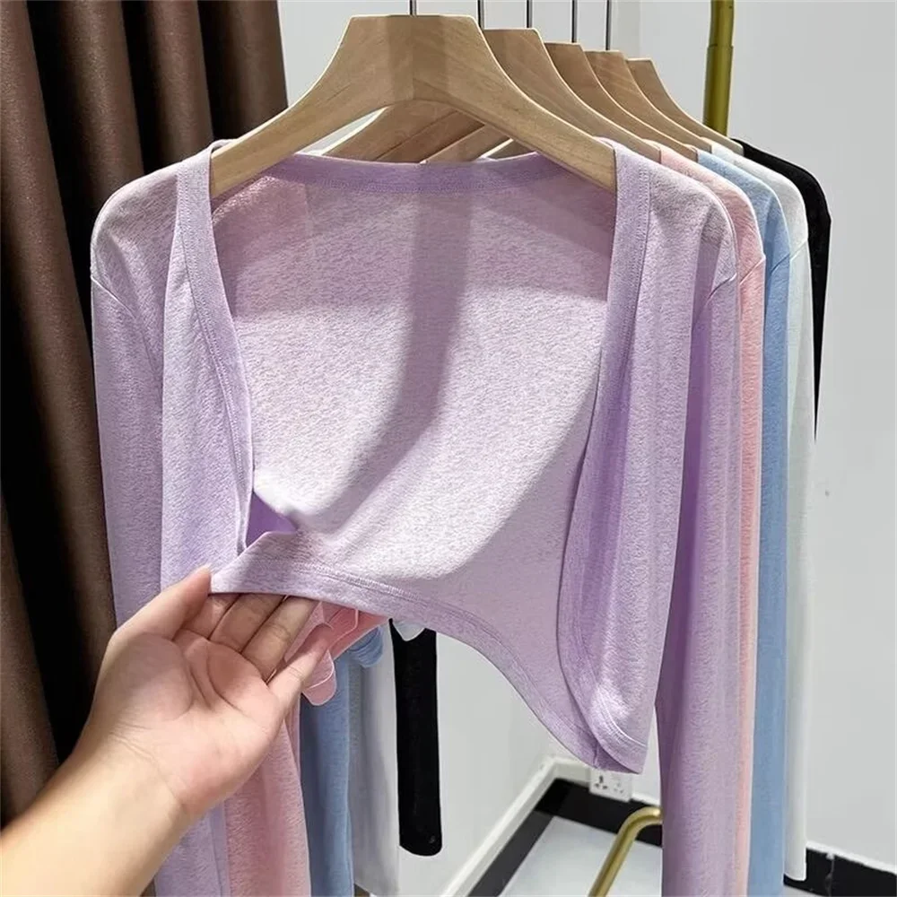 Korean Fashion Sun Protection Shawl Cardigan Outerwear Slim Sweet Style Long Sleeve V Neck Short Length Thin Knitted Coat