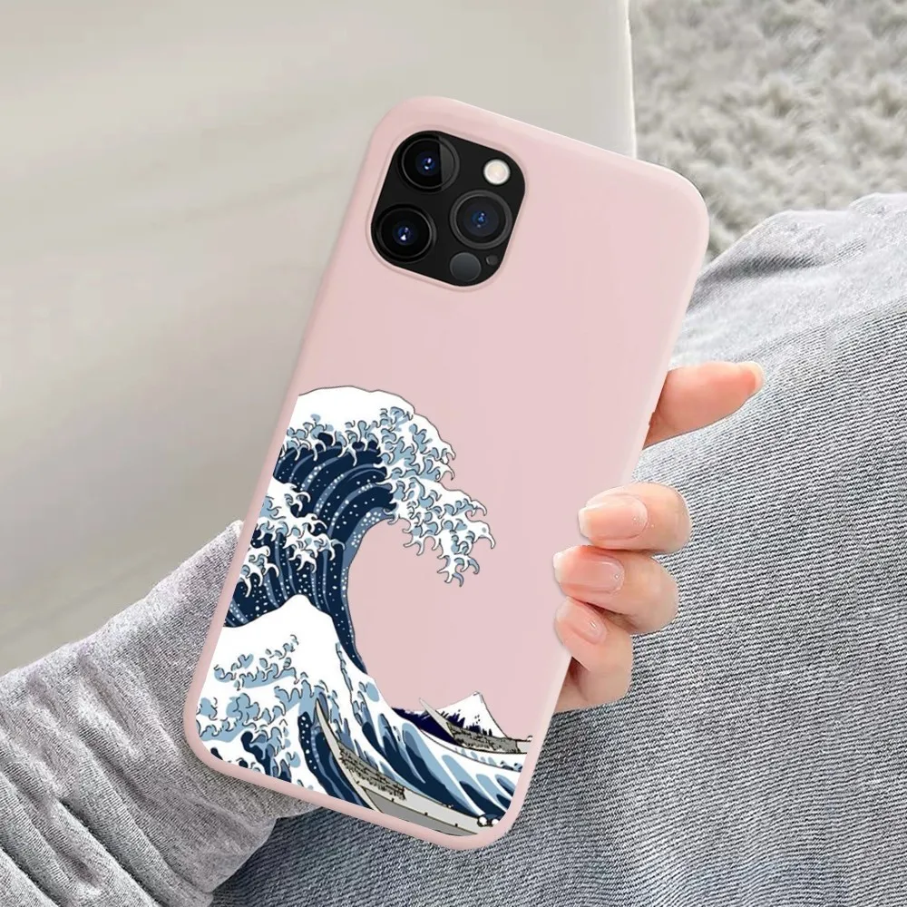 Japanese Illustration Waves Phone Case For IPhone 14 11 12 13 Mini Pro Xs Max 8 7 6 6S Plus X XR Solid Candy Color Case