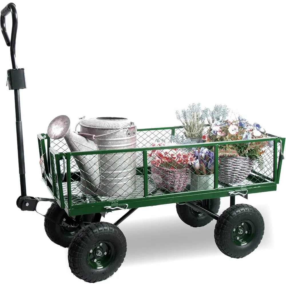 

Heavy Duty 600 Lbs Capacity Mesh Steel Garden Cart Folding Utility Wagon with Removable Sides and (4) 10 Inch Wheels (Green)