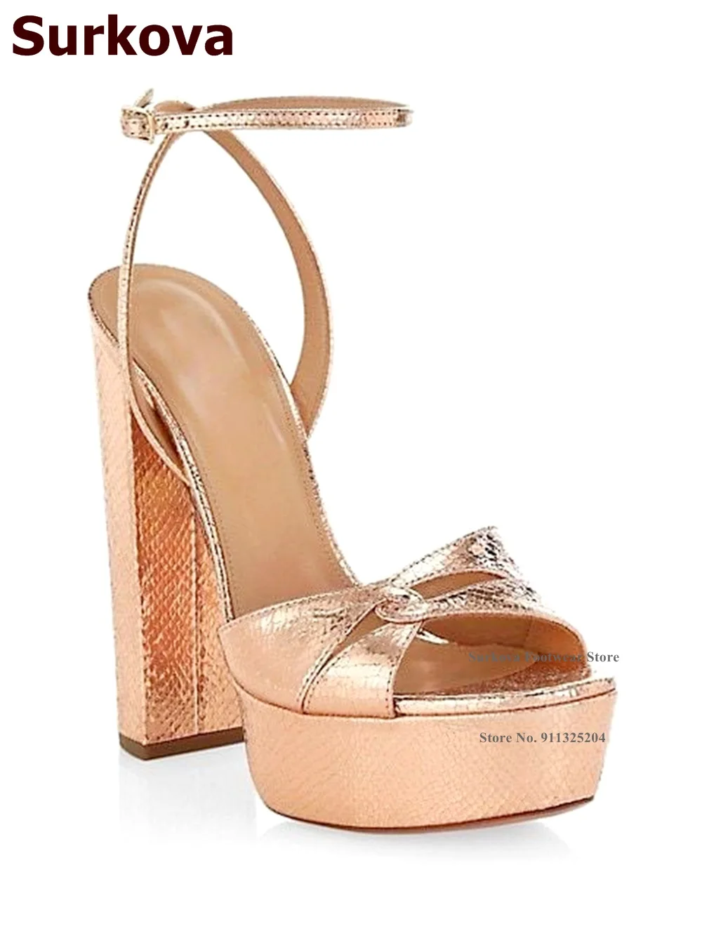 Surkova Pink Gold Snakeskin Block Heels Elegant Platform Dress Shoes Python Chunky Banquet Sandals Pumps Size46 Footwear