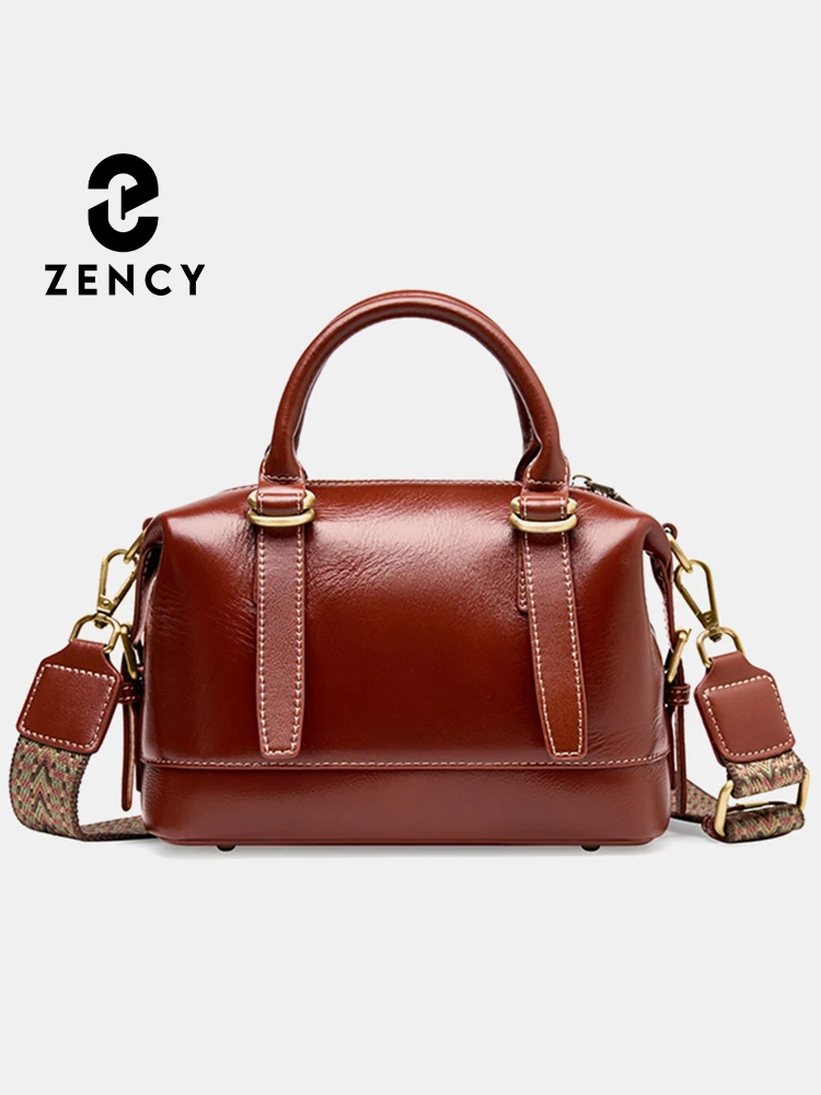 Zency Women\'s Handbag Cowhide Leather Boston Pillow Bag 2024 New Crossbody Bag Retro Commuter Shoulder Bags Large Ladies Purses