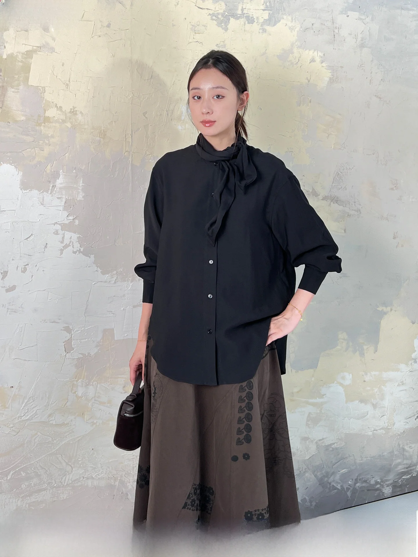 

Casual Woolen irt Women's Mid-Length Asymmetric Design Floa Collar French Sle Breathable Thin Cotton Polyester Blend