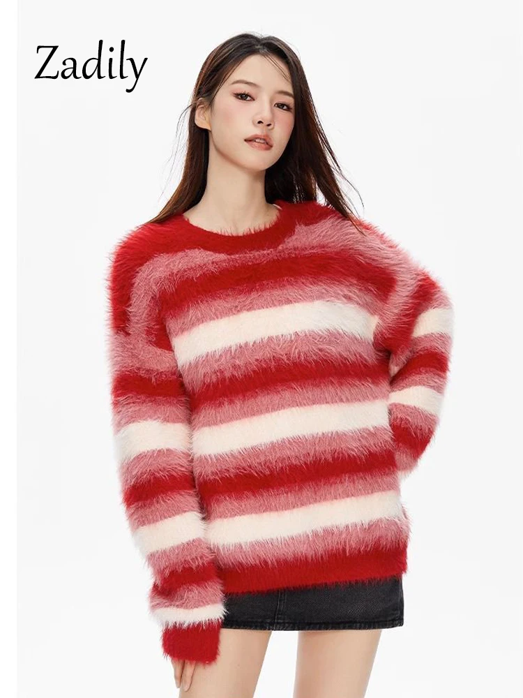 

Zadily 2023 Winter Casual Long Sleeve Women Striped Red Sweater Korea Style O Neck Mohair Knit Pullovers Ladies Warm Clothing