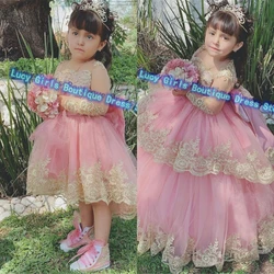 Flower Girl Dress Lovely Pink Tulle Fluffy  Wedding Little Princess Ball Luxuriously golden Appliques Kids Birthday Party Gowns