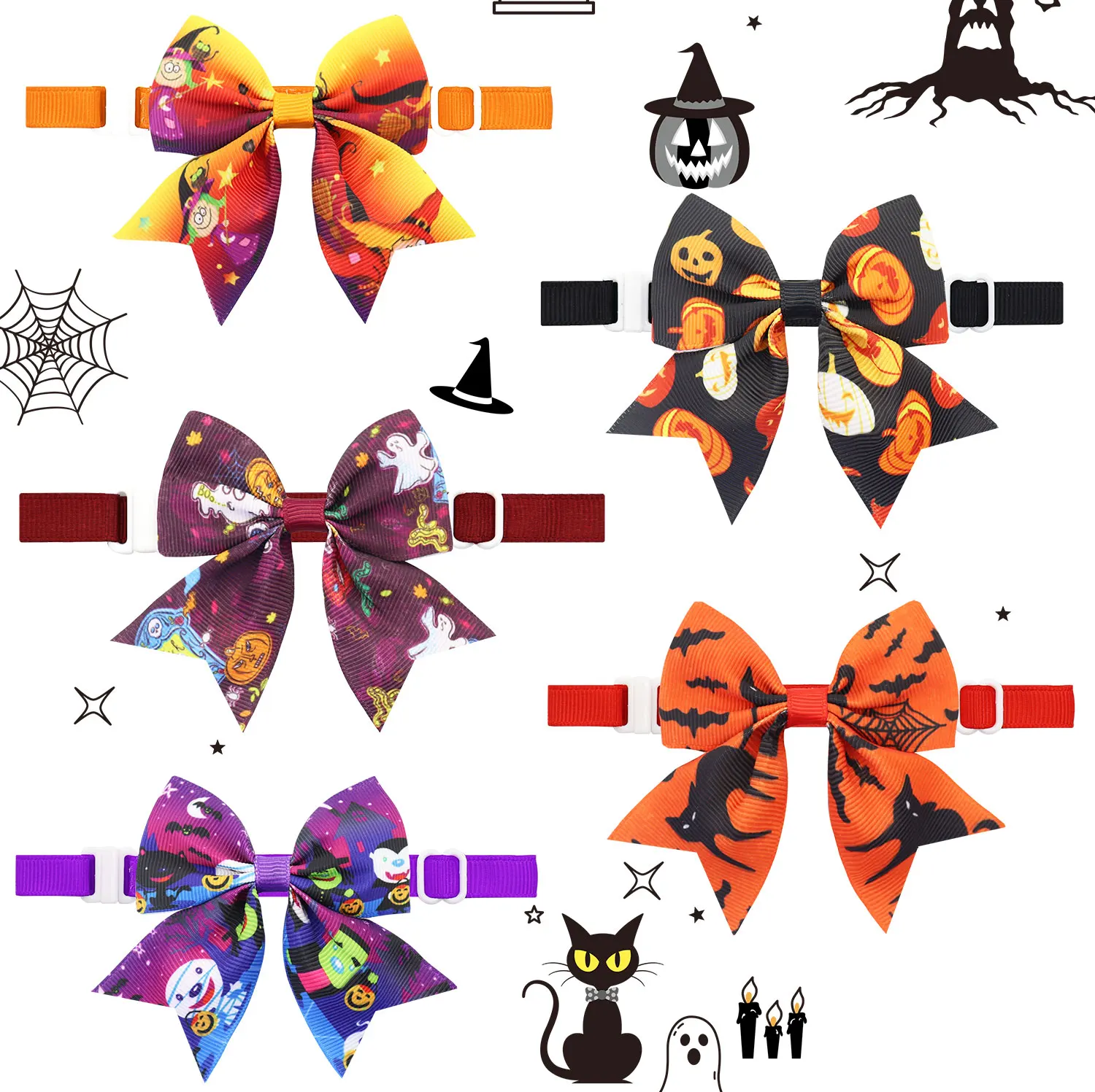 50/100Pcs Halloween Dog Grooming Bows Ghost Pumpkin Skull Horrible Pets Cat Dog Bows Adjustable Collar Bowties Puppy Bowknokts