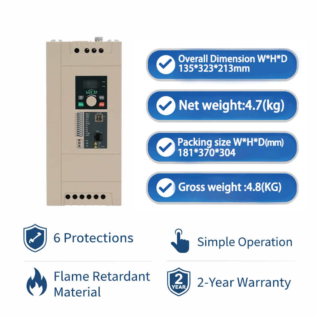 2.2KW 380V 3 Phase VFD Vector Control AC Motor Speed Controller RS485/Modbus Communication for Water Pump Compressor Pellet