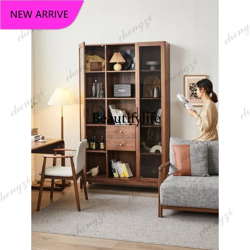 PPP  Solid wood bookcase Bookshelf Nordic black walnut storage, storage, floor-to-ceiling bookcase with glass door