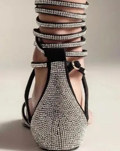 Apricot Black Bling Crystal Rhinestone Clip Toe Flat Cover Heel Lace Up Flat Summer Sandals Women Gladiator Hollow Beach Shoes