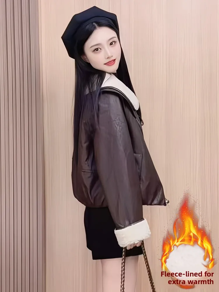 السيدات Fce اصطف ثي الشتاء الدافئ Jaet كسول Sle معطف جلد المرأة Faion بسيط فضفاض صالح طويل Sve سستة إغلاق