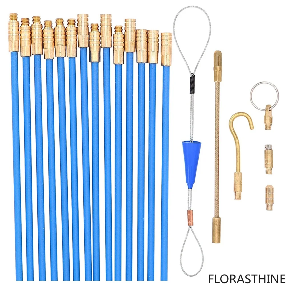 20 Feet Fiberglass Fish Tape Cable Rods, Electrical Wire Running Kit Push/pull with Hook and Hole Kit in Transparent Tube