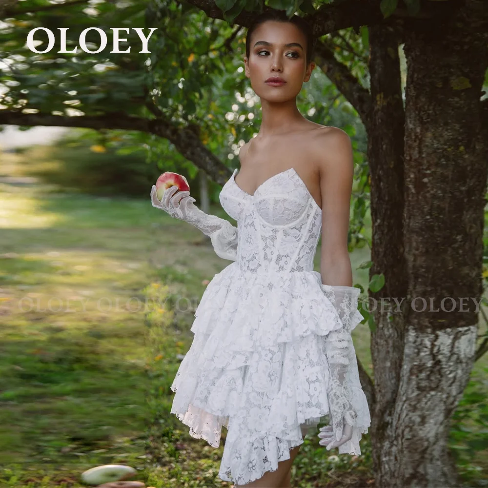 

OLOEY Unique Sweetheart Neck Short Wedding Dress Lace Asymmetrical Mini Bridal Gown Customized vestidos de novia de talla grande