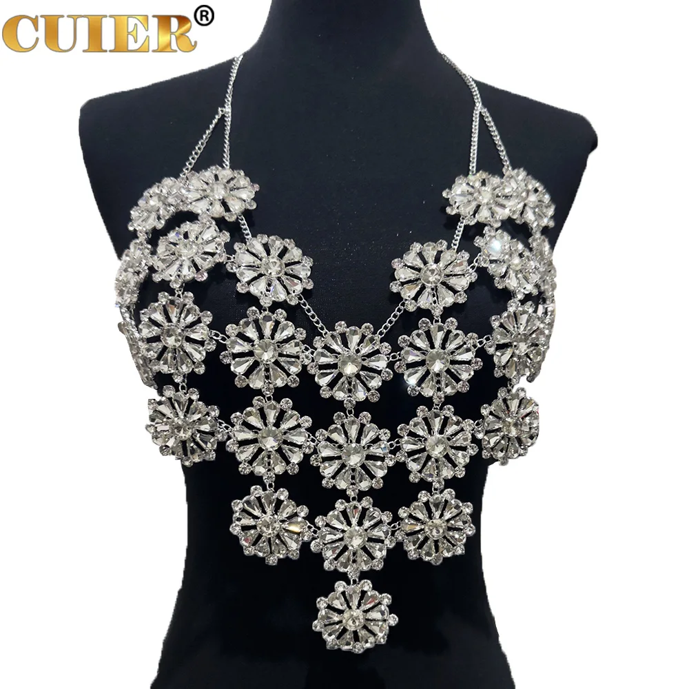 CUIER Weight 300g Crystal Flower Rhinestone Tops for Women Backless Sexy Body Chain Jewelry Bar Party Girls Dress Accessories