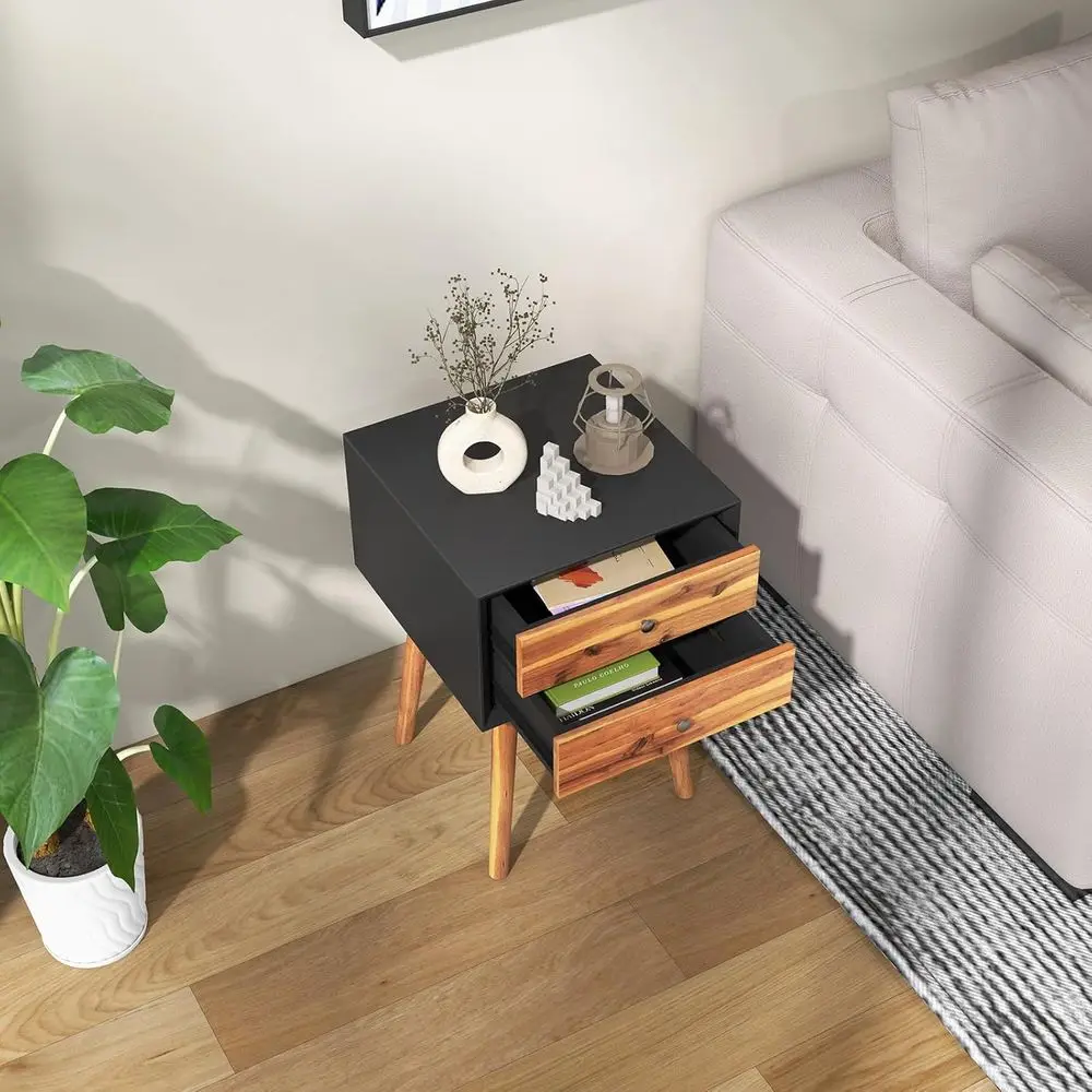 2 Drawer Nightstand Set, 2-Piece, Modern Bedside Table with Solid Wood Legs, Compact End Side Table for Living Room, Bedroom, Bl