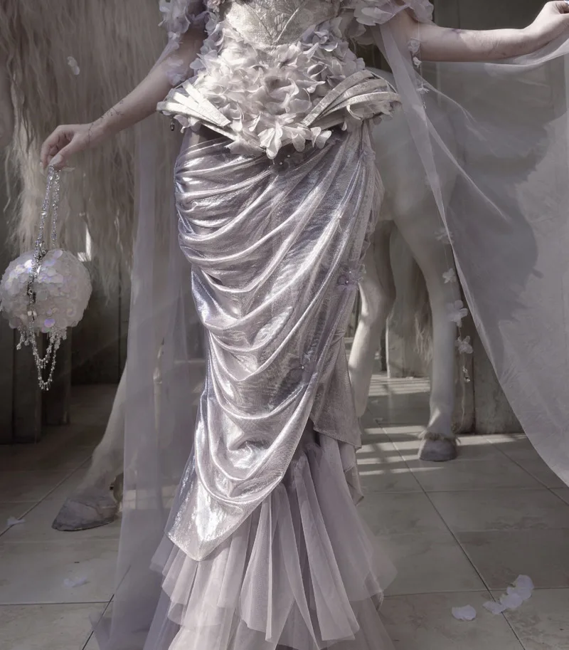 

New Elf Wind Silver Hot Stamping Ethereal Aura Evening Dress Mermaid Skirt Fiesta Carnival Halloween Cos Cosplay
