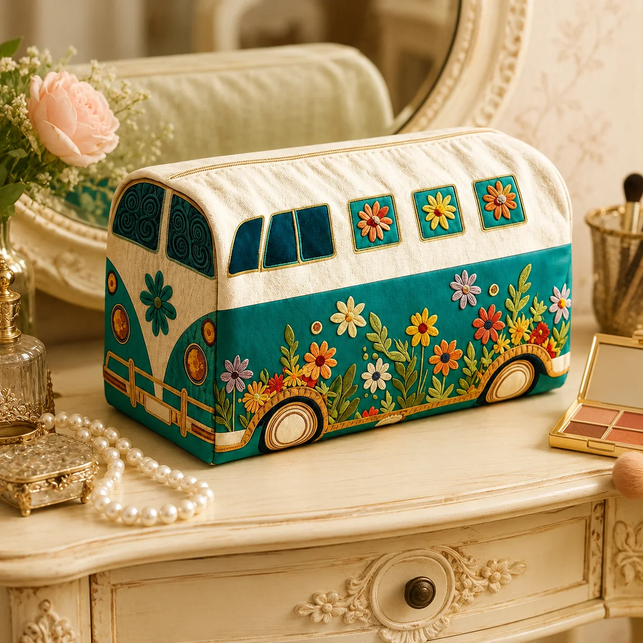 Floral Bus Cosmetic Bag Vintage Embroidered Makeup Pouch Travel Toiletry Organizer Women Zipper Storage Case Vacation Gift