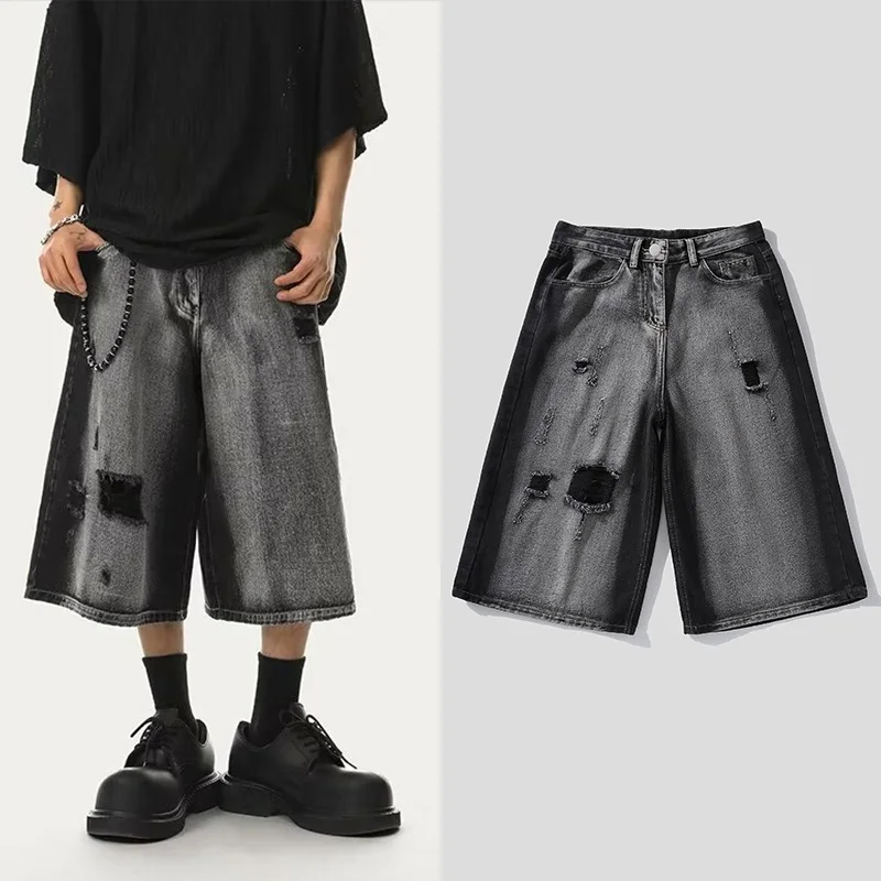 

Washed American High Street Denim Shorts Straight Leg Wide Leg Trendy Brand Summer Casual mid Waist Seven-Foot Jeans