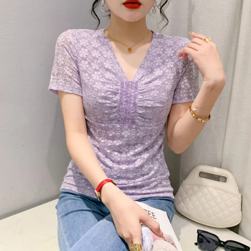 

#5406 Black Purple Lace T Shirt Women V-neck Diamonds Sexy Tight Vintage T-Shirt Femme Short Sleeve Thin Basic Top Summer