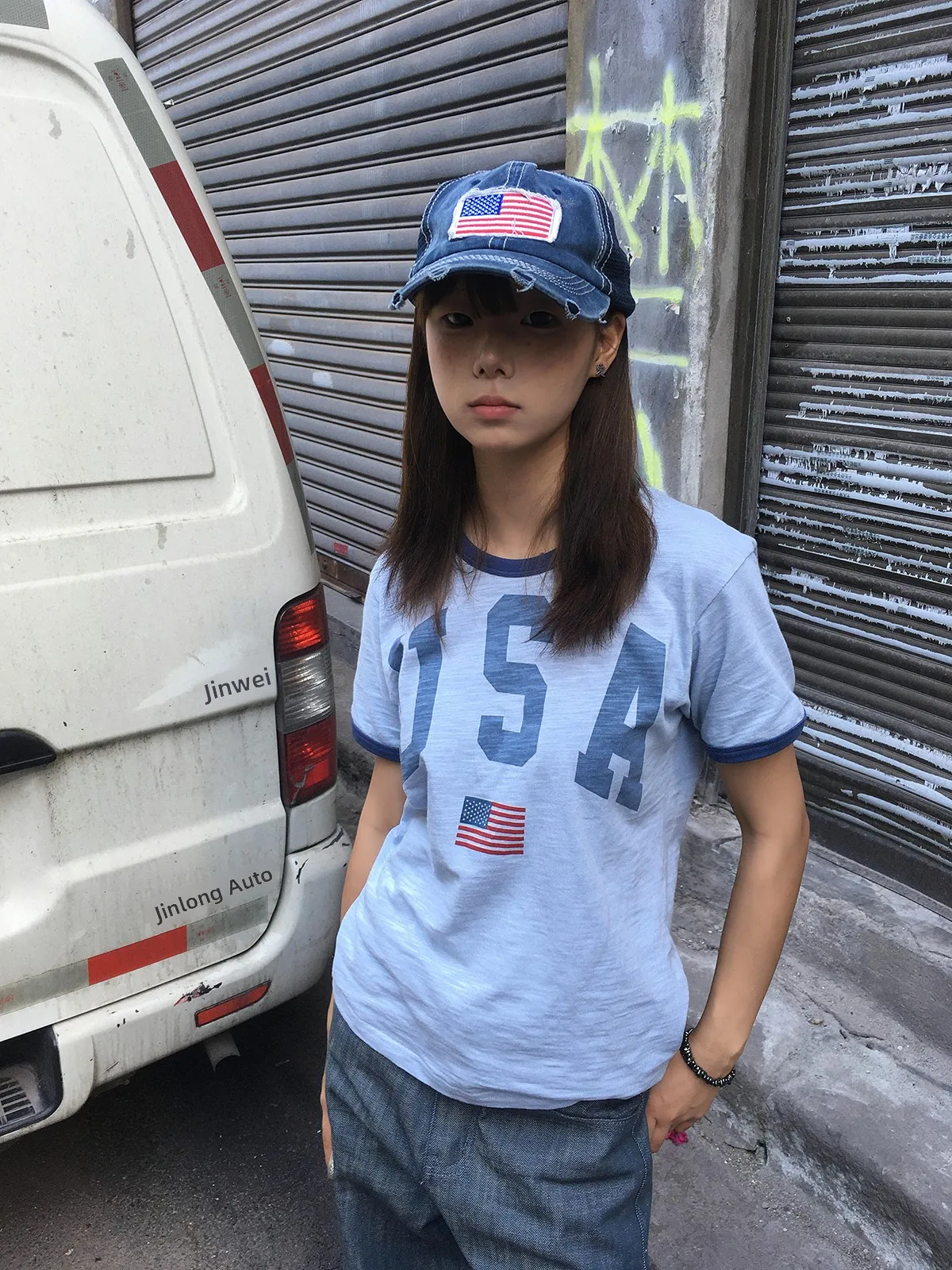 Sakura Cotton Bamboo Ray Short Sleeve T-Shirt Retro American Print Blue round Neck Collar Color Block Casual Women Top