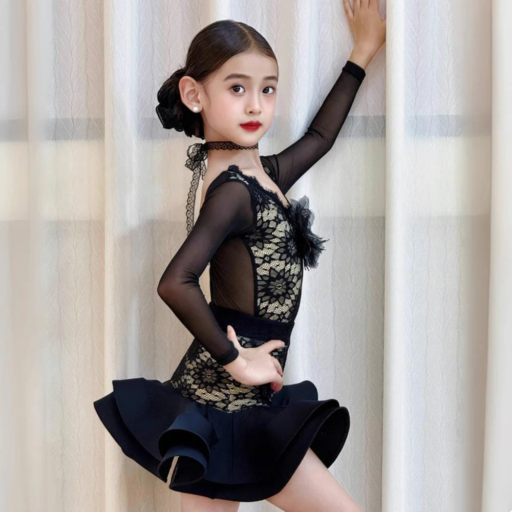 Costume de danse latine pour enfants filles, body en maille et dentelle à manches longues et jupes en arête de poisson, ensemble d'entraînement de nouveau Style, 2025