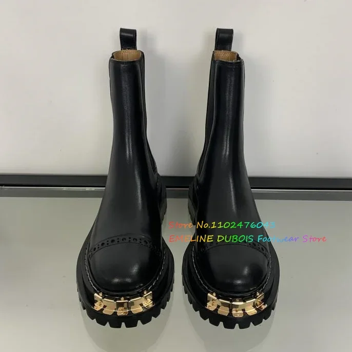 2025 New Autumn Design Black Ankle Boot Fashion Metal Round Toe Ladies Casual Chelsea Boots Shoes Soft Leather Short Boots Women image 3