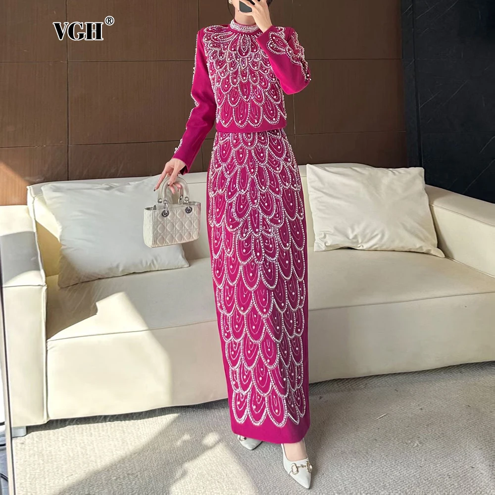 VGH Luxury Dinners Purple Pearl Peacock Pattern Two Piece Set for Women Embellished Top Maxi Skirt for Middle Eastern Weddings