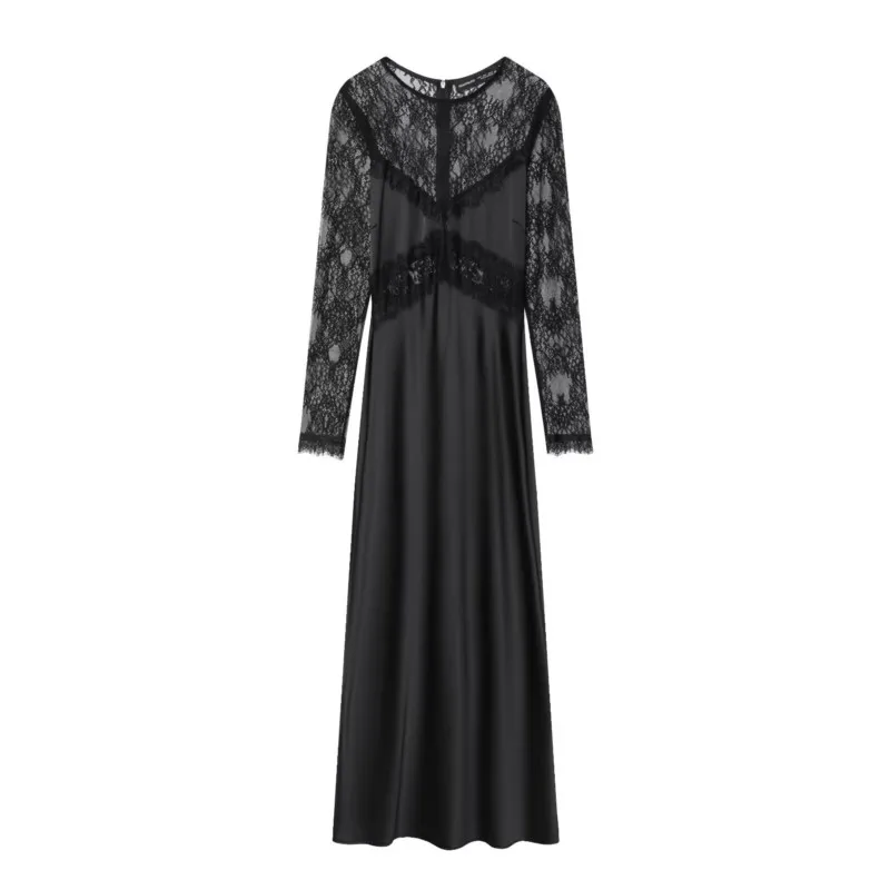 ربيع الخريف المرأة الساتان فستان طويل مع الدانتيل مجتمعة عادية أنيقة سليم المرأة فستان موضة فستان الحفلات النسائية