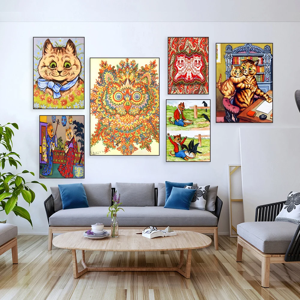 Louis Wain cat poster, cat illustration, classic art, exhibition cat wall art canvas print for living room kids home decor