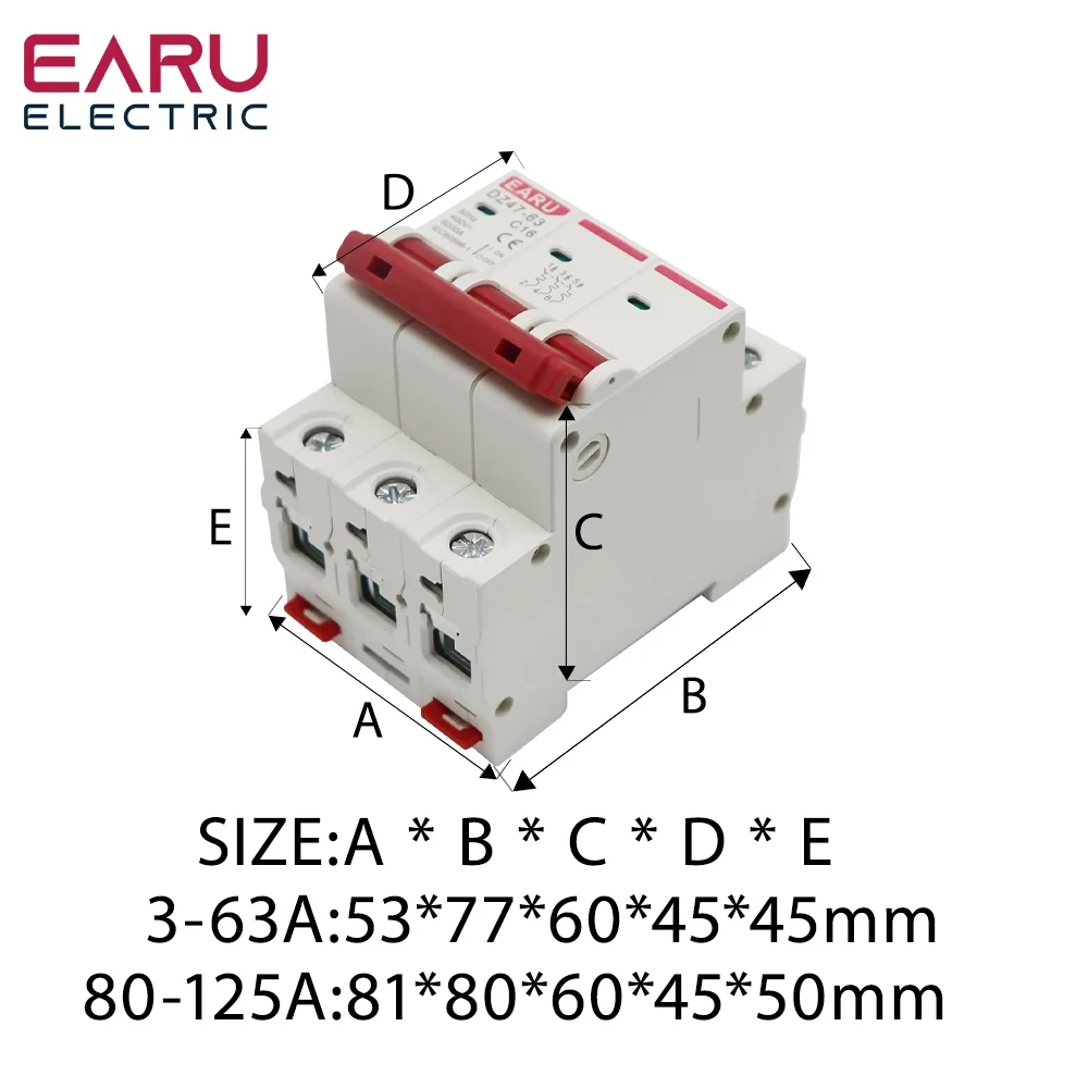 DZ47 3P 3A-125A 400V C Type Mini Circuit Breaker MCB Short Overload Circuit Protector 35mm Din Rail Mount Breaking Capacity 6KA