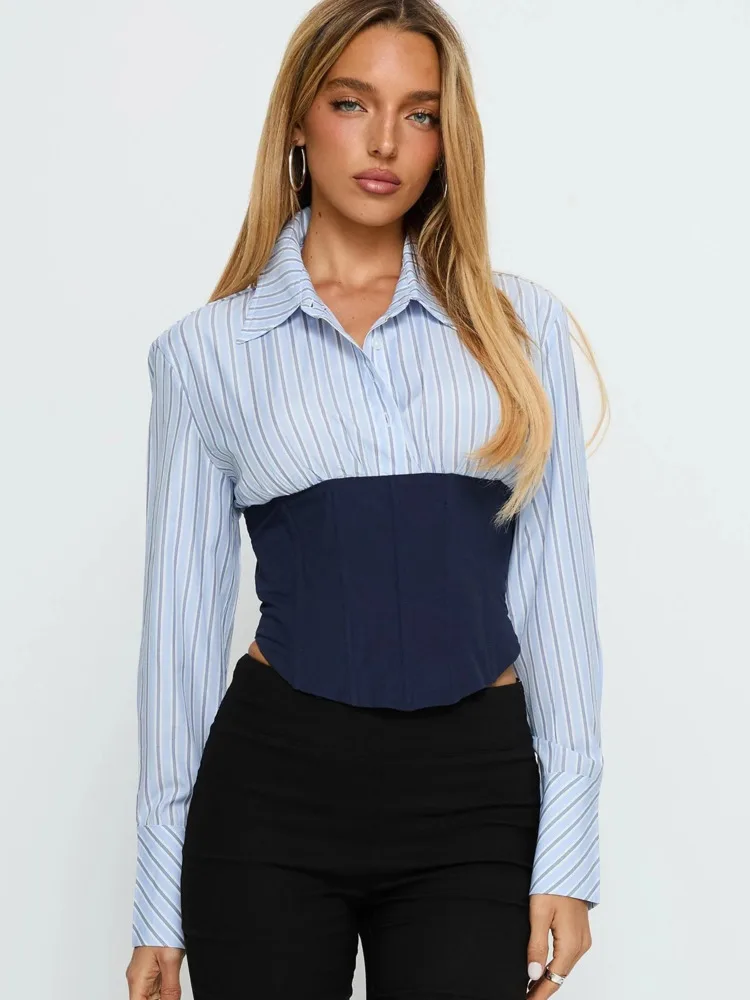 

Articat модная рубашка с длинным рукавом в стиле пэчворк, тонкий топ, женская элегантная полосатая футболка с принтом, осень-зима, новая уличная одежда для поездок на работу