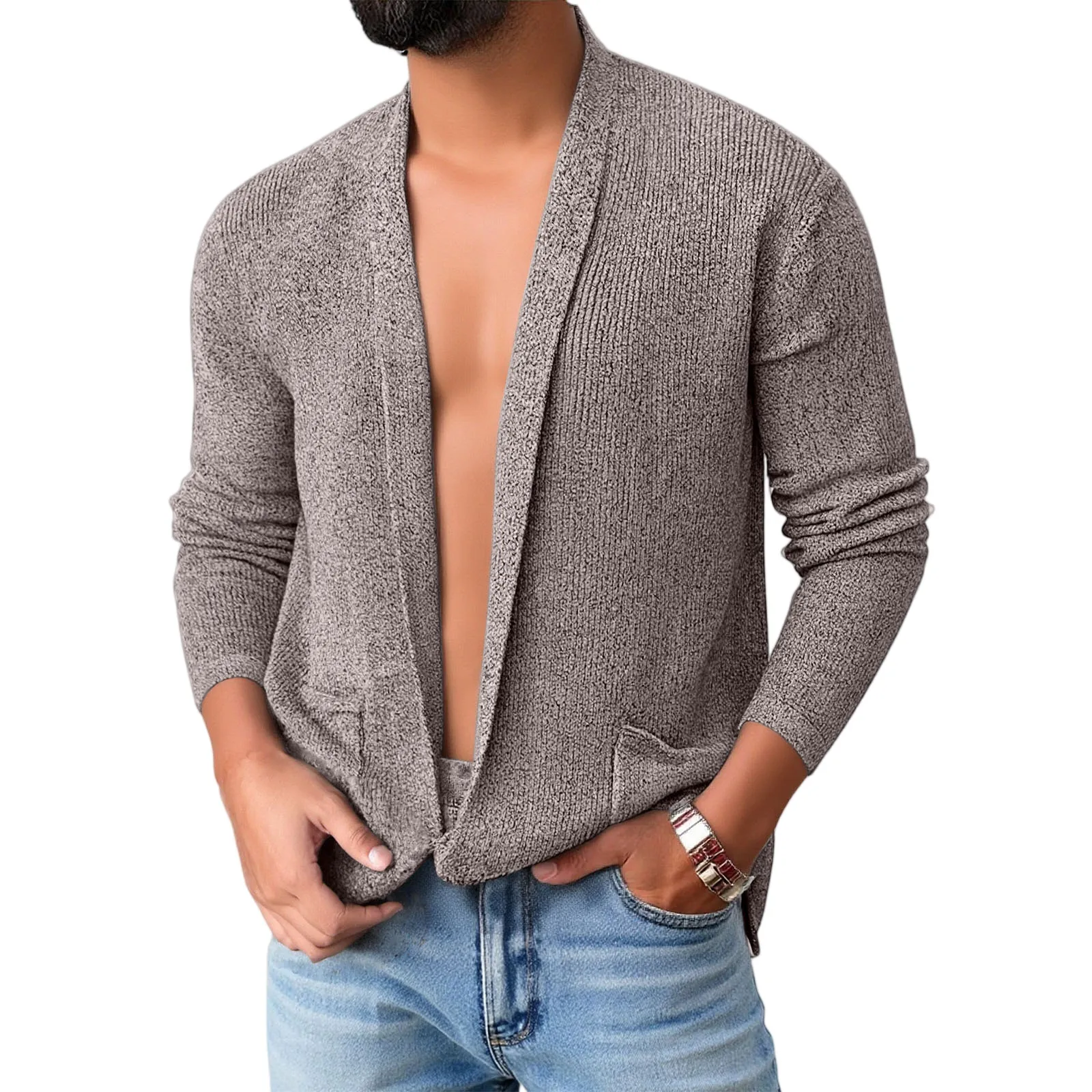 

Мужской вязаный открытый кардиган с длинными рукавами, свободный крой, однотонный, осенне-зимний, повседневная одежда, удобный легкий трикотаж