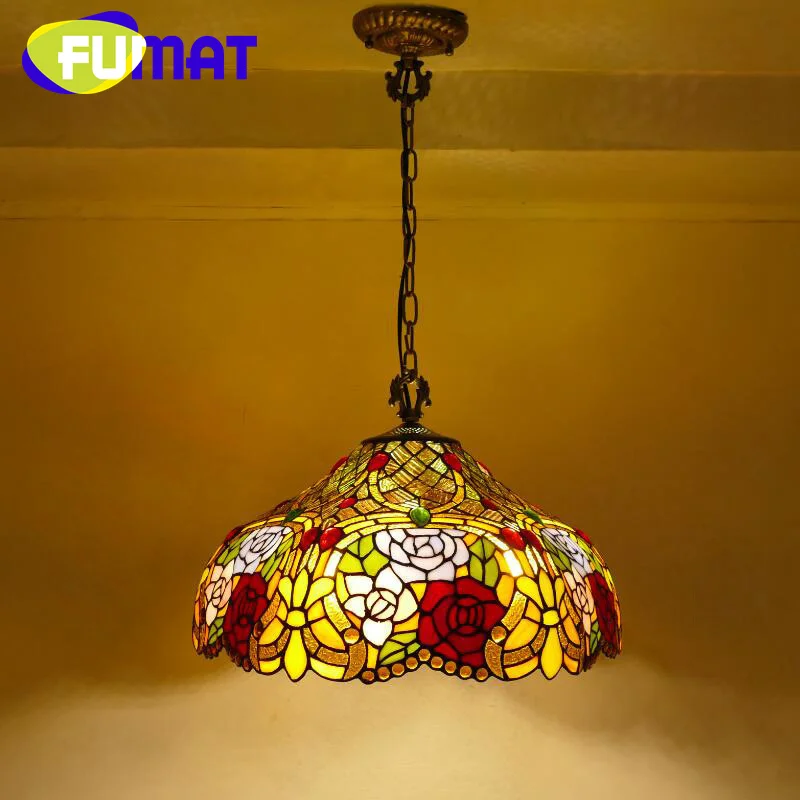 

FUMAT Tiffany style stained glass American Garden Rich flower inverted pendant light Cafe restaurant living room bedroom decor