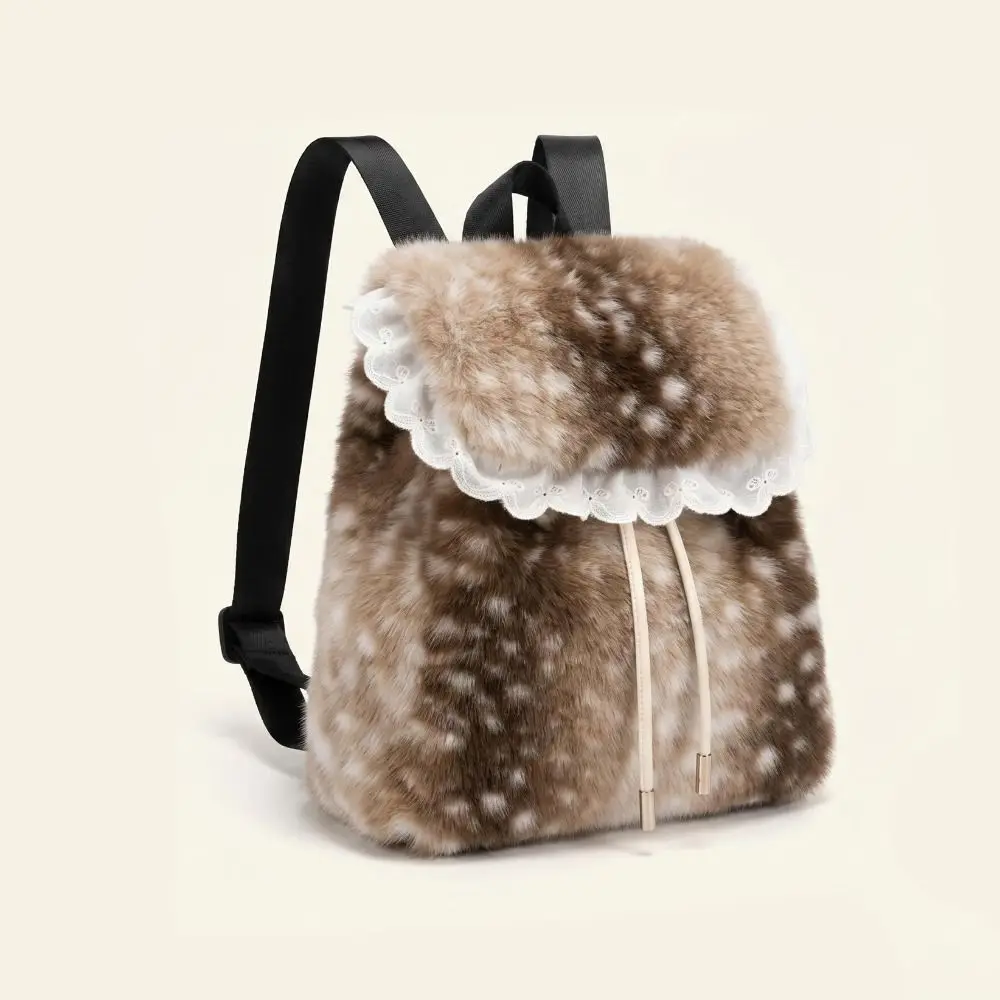 Portable Leopard Print Fluffy Shoulder Bag Deer Spot Warm Faux Fur Backpack Solid Color Large Capacity Backpack Work