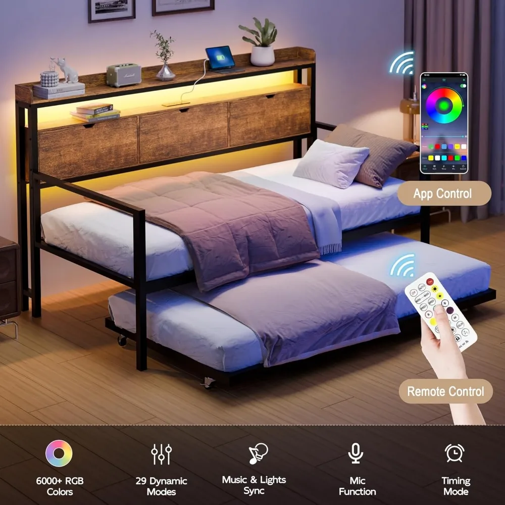 Tempat Tidur Daybed dengan Tempat Tidur Lipat dan Sandaran Kepala Berpenyimpanan, Rangka Tempat Tidur Twin Logam Kokoh dengan Lampu LED & Stasiun Pengisian Daya