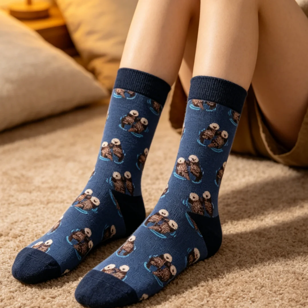 1 Pair Comfy Novelty Cute Brothers Otter Swimming Mid-Calf Men's Socks Suit In All Seasons