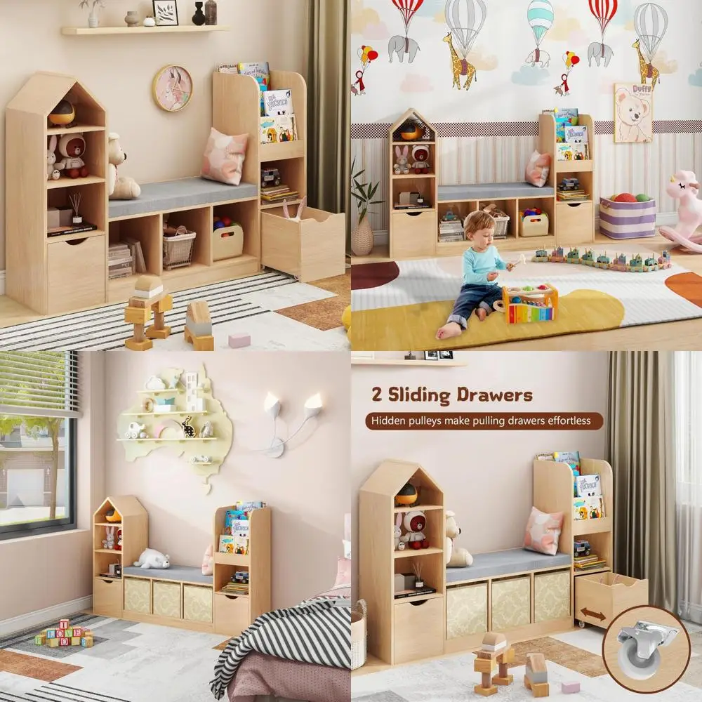 Многофункциональный детский органайзер для хранения книжной полки с уголоком для чтения и 7 кубиками для детских книг и игрушек