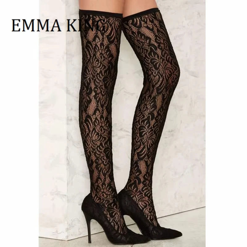 النساء الأسود الدانتيل الفخذ أحذية عالية مثير أشار تو عالية كعب ستيليتو فوق الركبة التمهيد موضة الانزلاق على السيدات عالية الكعب بوتاس #5