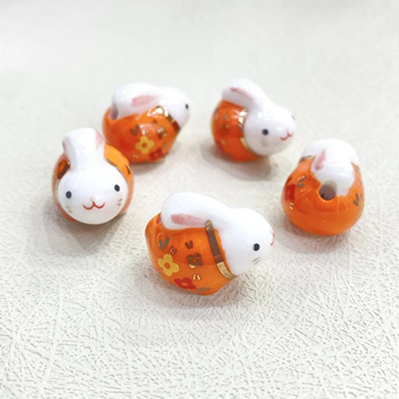 5pcs Lovely Rabbit Pottery Ceramic Beads Pendant 20x16x14mm Cartoon Animals Loose Porcelain Beads For Jewelry Making Accessories